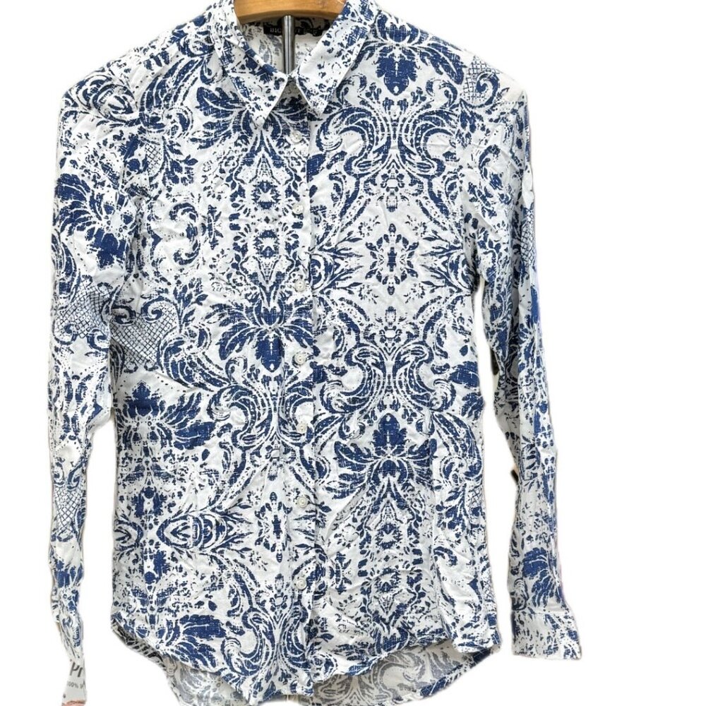 Big Dart Long Sleeve Button Down Blue White Paisely Print Classic Collar Small